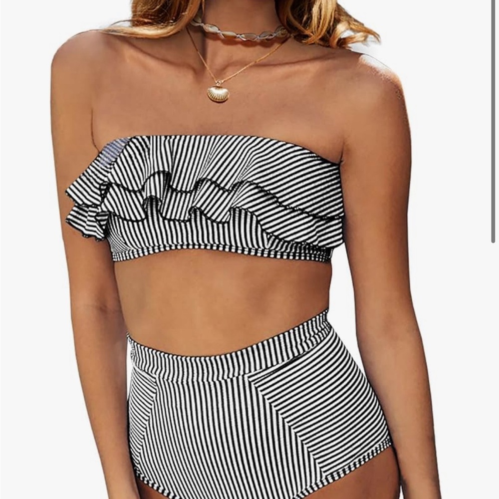 Striped Ruffle Bandeau Bikini Set